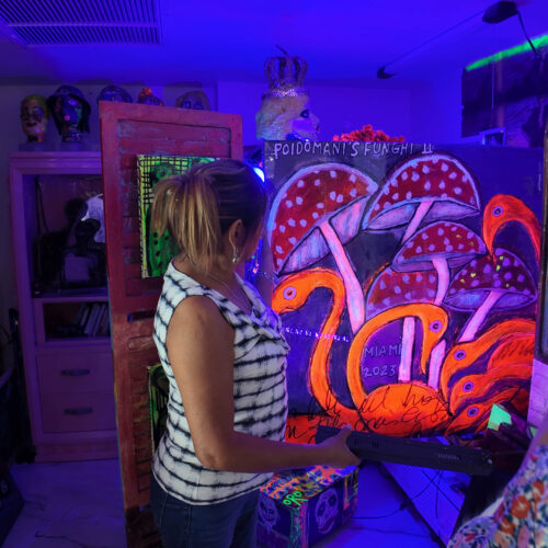 Funghis XIX by Humberto Poidomani under black light, acrylic on canvas with resin coating